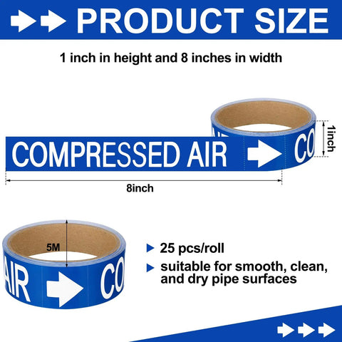 Economy 1 Roll Pipe Markers For Compressed Air Lines, 1 Inch High By 8 Inch Wide, Self Adhesive White And Blue Labels, Easy Peel And Apply, Durable Plastic Film Identification For Piping Systems, roll view