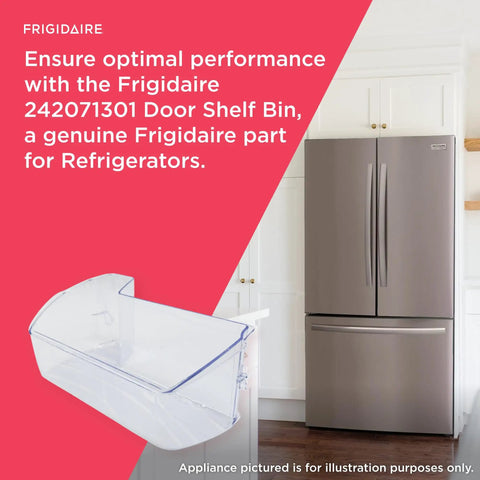Door Shelf Bin For Refrigerator Replacement Part 242071301 in clear plastic beside a modern fridge.