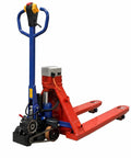 Huge 11023 Lbs Electric Pallet Jack Walkie Truck With Auto Brake And Fast Charge For Heavy Industrial Work Moving Cars And Machinery On Job Sites, red and blue, with hydraulic lift system.