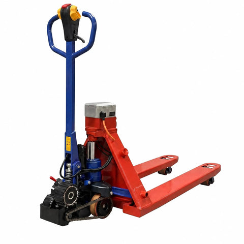 Huge 11023 Lbs Electric Pallet Jack Walkie Truck With Auto Brake And Fast Charge For Heavy Industrial Work Moving Cars And Machinery On Job Sites, red and blue, with hydraulic lift system.