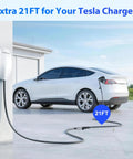 Heavy Duty 21 Foot NACS EV Extension Cord Supports Up To 50A At 240V plugged into a Tesla charger.