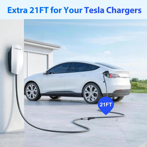 Heavy Duty 21 Foot NACS EV Extension Cord Supports Up To 50A At 240V plugged into a Tesla charger.