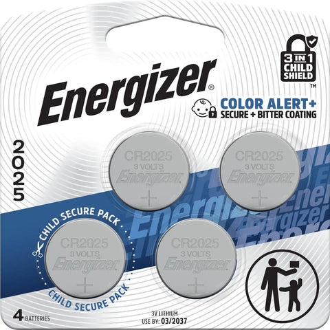 Solid 2025 Lithium Coin Batteries 4 Pack showing CR2025 lithium cells with child-proof packaging and bitter coating.