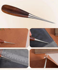 Heavy Duty Leather Working Awl on leather surface, showcasing walnut handle and steel tip for precision craft work.