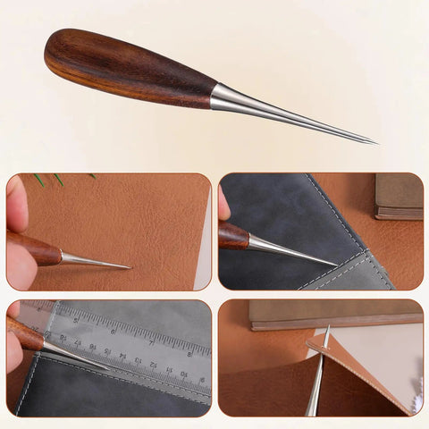 Heavy Duty Leather Working Awl on leather surface, showcasing walnut handle and steel tip for precision craft work.