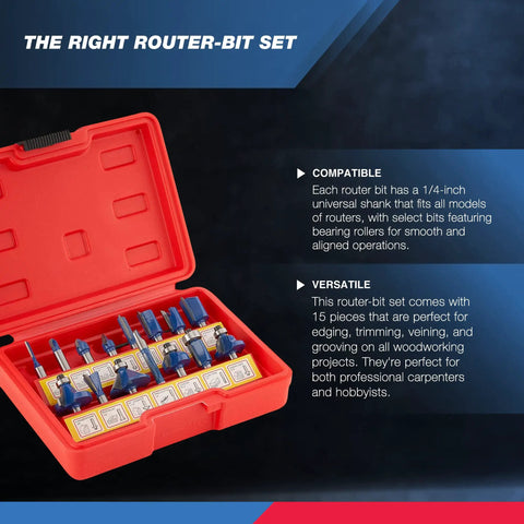 Red case with Pro Grade YG8 Tungsten Carbide Router Bits Set, 15 Piece Kit For Clean, Precise Wood Cuts