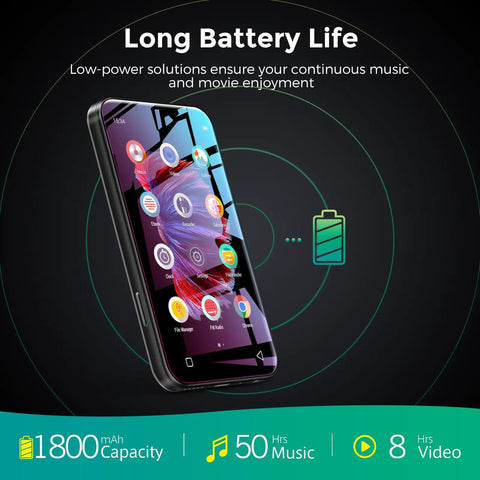 72GB WiFi MP3 Player With Bluetooth 4.0 Inch Full Touch Screen MP4 Player With Speaker showing long battery life and apps