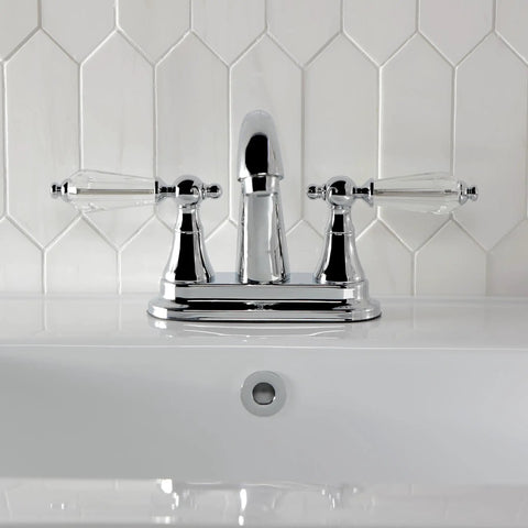 4 Inch Centerset Lavatory Faucet With Brass Pop Up Drain, Brushed Nickel Finish, Crystal Lever Handle, in a modern bathroom sink