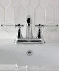 Front view of 4 Inch Centerset Bathroom Faucet In Oil Rubbed Bronze With Drip Free Ceramic Cartridge Crystal Lever Handles 1.2 GPM Flow