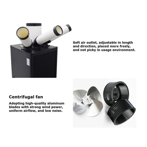 Heavy Duty Outdoor Industrial Air Conditioner Featuring Extendable Exhaust Hose For Shops And Warehouses Pumping Out Serious Chill Throughout The Summer Season In Sleek Black Finish with adjustable air outlets.