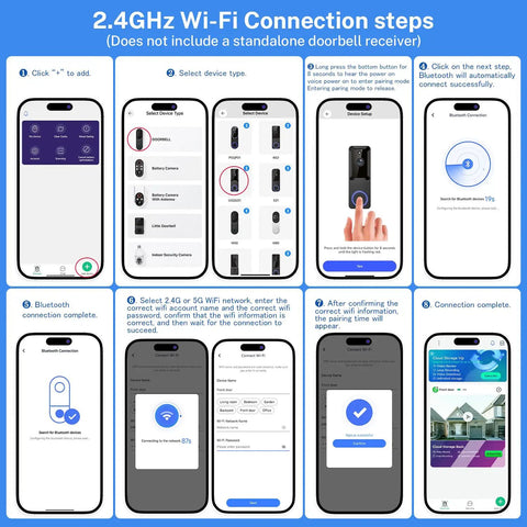 Steps for connecting a 1080p Wireless Outdoor Dome Security Camera With Night Vision And Two Way Audio Smart AI Human Detection to 2.4GHz WiFi.