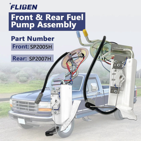 Front And Rear Fuel Pump Assembly Replacement For Ford F-150 F-250 F-350 1992 1997 SP2005H SP2007H displayed in front of truck
