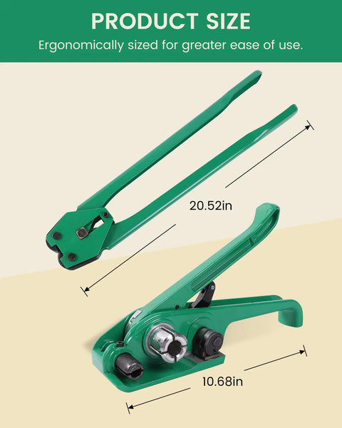 Heavy Duty Pet Strap Kit With Manual Tensioner For Bulletproof Pallet Wrapping showing manual tensioner tool dimensions 20.52in and 10.68in.
