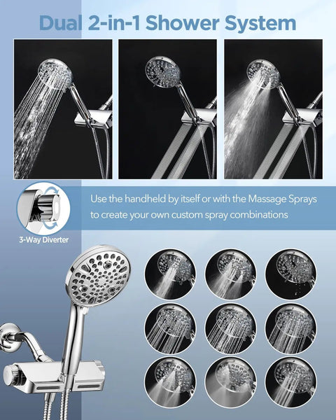 Filtered Shower Head With Handheld Combo Two In One Spa System High Pressure Massage Shower And Ten Mode Hand Held Spray Built In Power Wash Mode Chrome Finish Ideal For Deep Cleaning And Spa Like Relaxation At Home, dual spray modes shown