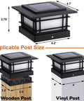 4x4 Solar Post Cap Lights Set No Fuss Dual Color Modes, showing dimensions and fit on wooden and vinyl 4x4 posts.
