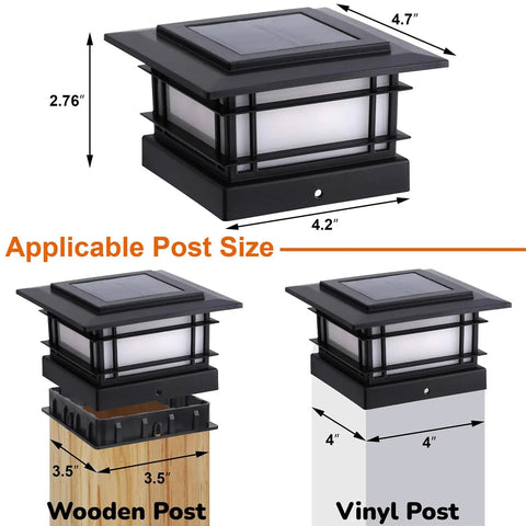 Boss Tier 4X4 Solar Post Cap Lights With Slick Black Shield and Dual Tone LED Panels for Vinyl or Wooden Fences showcasing dimensions and fit on wooden and vinyl posts.