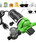 110V AC Self Priming Diaphragm Water Pump 4.0 GPM 50 PSI featuring green casing and accessories for RV and marine use.