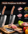 Three Piece Hand Forged Butcher Knife Set With Gift Box Includes Chef Knife Meat Cleaver And Viking Deboning Knife displayed with ingredients