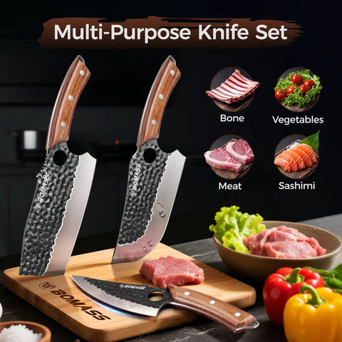Three Piece Hand Forged Butcher Knife Set With Gift Box Includes Chef Knife Meat Cleaver And Viking Deboning Knife displayed with ingredients
