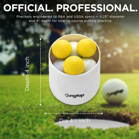 Golf Hole Cup Set 4 Inch Tall, PGA USGA Standard, 6 Pack shown with yellow and white balls in cup on green grass