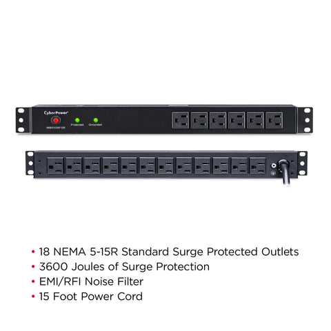 Front view of Rackbar Rackmount Surge Protector With 18 Outlets, 3600 Joules Of Power Protection, 15 Foot Cord, 1U Mount.