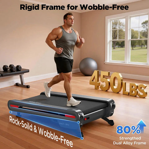 Man jogging on Ultra Quiet Under Desk Treadmill With Auto Incline 12 To 20 Percent 3.0 To 3.5 HP Brushless Motor 18 Inch Wide Deck Heavy Duty 450 Lb Capacity Vertical Storage Ideal For Home Office Workouts in home gym setting.
