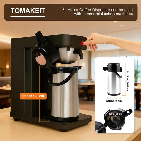 Airpot Coffee Carafe with Pump, 102oz 3L Insulated Stainless Steel Beverage Dispenser Keeps Hot Or Cold For 24 Hours on a counter