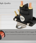 12V Two Pack Power Trim Solenoid Switch 89-96158T Replacement, showcasing copper wire and silver contact pins for marine use