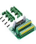 Must-Have IDC Breakout Board 2x10 20 Pin Male Header Terminal Block Connector With 2.54mm Pitch, FRC Flat Ribbon Cable Compatible, Connect Arduino Uno Pins To Peripherals, Includes DIN Rail Mount Carrier And Mounting Screws. Green 20-pin IDC breakout board with DIN rail clips and screws