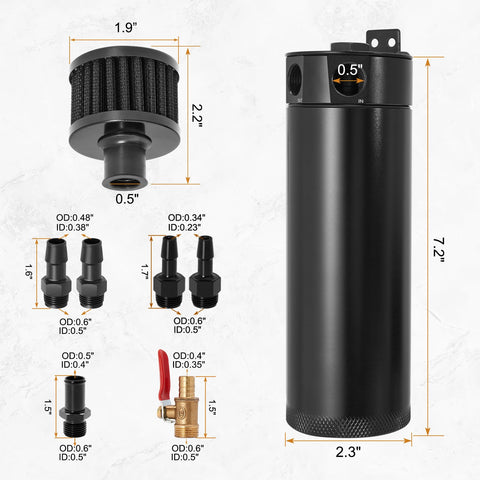 750ml Billet Aluminum 2 Port Baffled Oil Catch Can Kit with Breather Filter and Drain Valve Reservoir Tank for PCV CCV Air