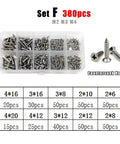 Micro Self Tapping Screw Set 304 Stainless Steel Rust Resistant M1.2 Through M4 Assorted Sizes For Wood And Plastic No Sweat Assembly 380 Piece Hardware Kit in storage box with countersunk heads.