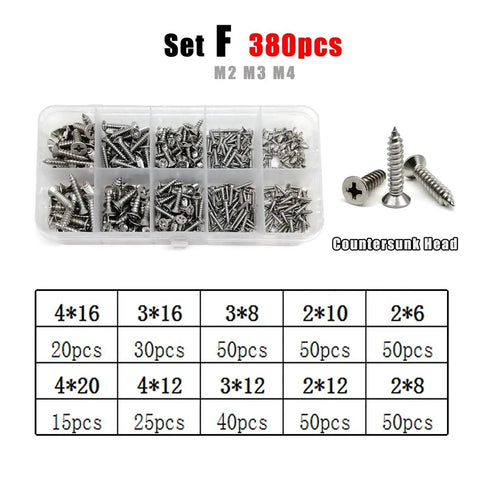 Micro Self Tapping Screw Set 304 Stainless Steel Rust Resistant M1.2 Through M4 Assorted Sizes For Wood And Plastic No Sweat Assembly 380 Piece Hardware Kit in storage box with countersunk heads.