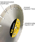 Laser Welded Diamond Blade 16 Inch for Heavy Duty Cutting that rips through reinforced concrete with 15 mm segment height, side view
