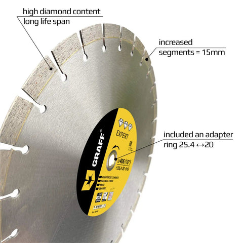 Laser Welded Diamond Blade 16 Inch for Heavy Duty Cutting that rips through reinforced concrete with 15 mm segment height, side view