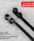 Close-up of Heavy Duty Black Zip Ties With Screw Hole Mounting 12 Inch 75 Lbs Tensile Strength on nylon pellets