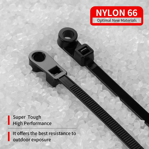 Close-up of Heavy Duty Black Zip Ties With Screw Hole Mounting 12 Inch 75 Lbs Tensile Strength on nylon pellets