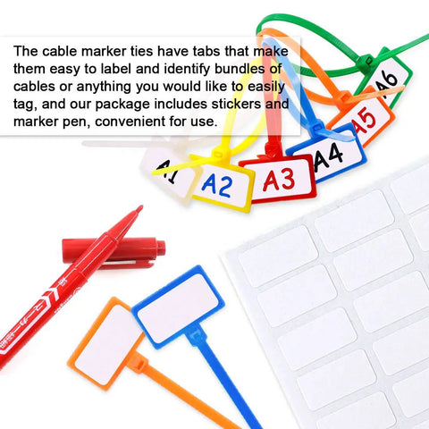 Nylon Cable Marker Ties Set For DIY Pros with colored ties and labels, red marker pen, for organizing cables, UV safe
