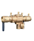 Pro Grade Lead Free Bronze Reduced Pressure Zone Assembly Featuring Slick Quarter Turn Shutoff Valves With Inline Serviceable Design and Drop In Ready Installation.
