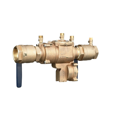 Pro Grade Lead Free Bronze Reduced Pressure Zone Assembly Featuring Slick Quarter Turn Shutoff Valves With Inline Serviceable Design and Drop In Ready Installation.