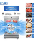No Fuss Commercial Reach In Freezer 54 Inch Wide Double Glass Door 46 Cubic Feet Heavy Duty Kitchen Workhorse Energy Saving Cold Storage Display Cabinet For Restaurants with meats and seafood.