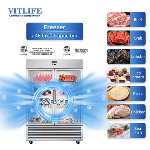 No Fuss Commercial Reach In Freezer 54 Inch Wide Double Glass Door 46 Cubic Feet Heavy Duty Kitchen Workhorse Energy Saving Cold Storage Display Cabinet For Restaurants with meats and seafood.