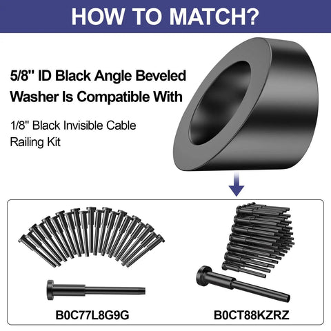 20 Pack 5/16 Inch Black Angle Washers for Cable Railing and Stair Ends, Stainless Steel 30 Degree Beveled Washers for 1/8 Inch Cable Hardware
