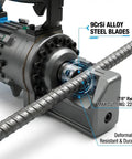 Close-up of Heavy Duty Portable Electric Hydraulic Rebar Cutter With Cr12MoV Blade cutting 7/8 inch rebar, showcasing durable 9CrSi alloy steel blades.