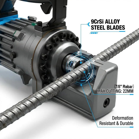 Close-up of Heavy Duty Portable Electric Hydraulic Rebar Cutter With Cr12MoV Blade cutting 7/8 inch rebar, showcasing durable 9CrSi alloy steel blades.