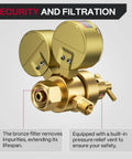 Brass component of Go-To Dual Stage Oxygen And Acetylene Regulator Set With Easy Read Gauges, featuring safety and filtration.