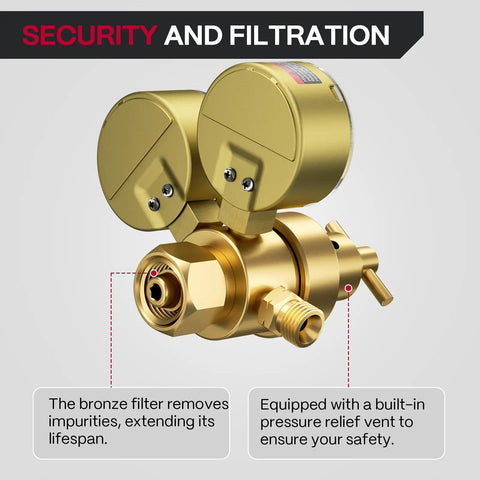 Brass component of Go-To Dual Stage Oxygen And Acetylene Regulator Set With Easy Read Gauges, featuring safety and filtration.