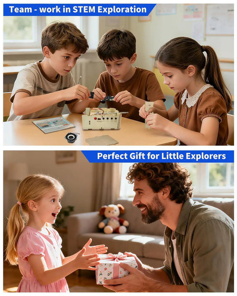Kids engaged with Hands-On FM Radio Kit For Kids And Teens Ages 8 12 13 14 STEM Toys, and a father giving a gift to a daughter.