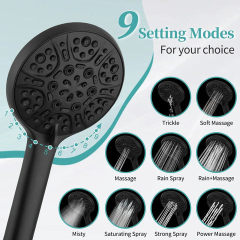 9 settings diagram of 8 Inch Matte Black Rain Shower Head For Wide Coverage And Powerful Water Flow Dope Easy Install Durable Stainless Steel Shower Head Modern Bathroom Upgrade Rainfall Shower Experience