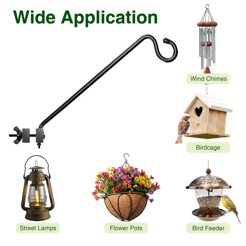 Heavy Duty Deck Hook Railing Bird Feeder Hanger With Rustproof Coating For Flower Baskets And Outdoor Patio Decor Built Like A Tank With Zero Drill Install Holds Twenty Two Pounds No Sweat Setup used with wind chimes, birdcage, flower pot, and street lamp.