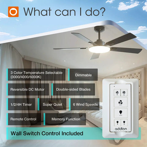 52 Inch Black Ceiling Fan With Lights Remote And Reversible Blades 3 CCT Dimmable Whisper Quiet DC Motor Wall Switch